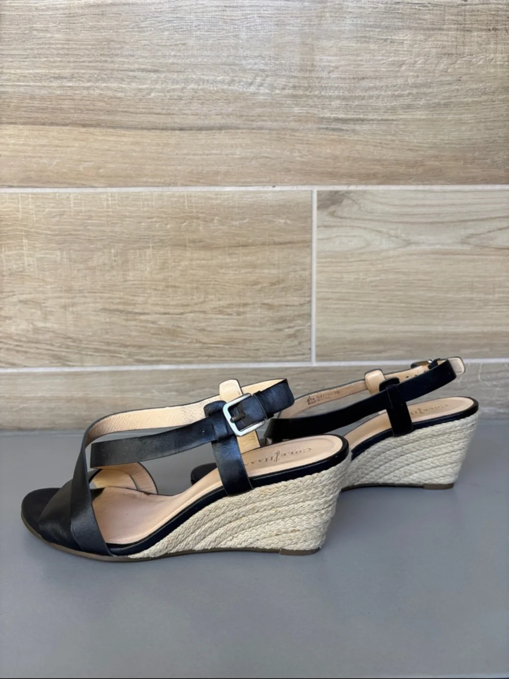 Cole Haan Black Leather Espadrille Taylor Wedge Sandal 7B